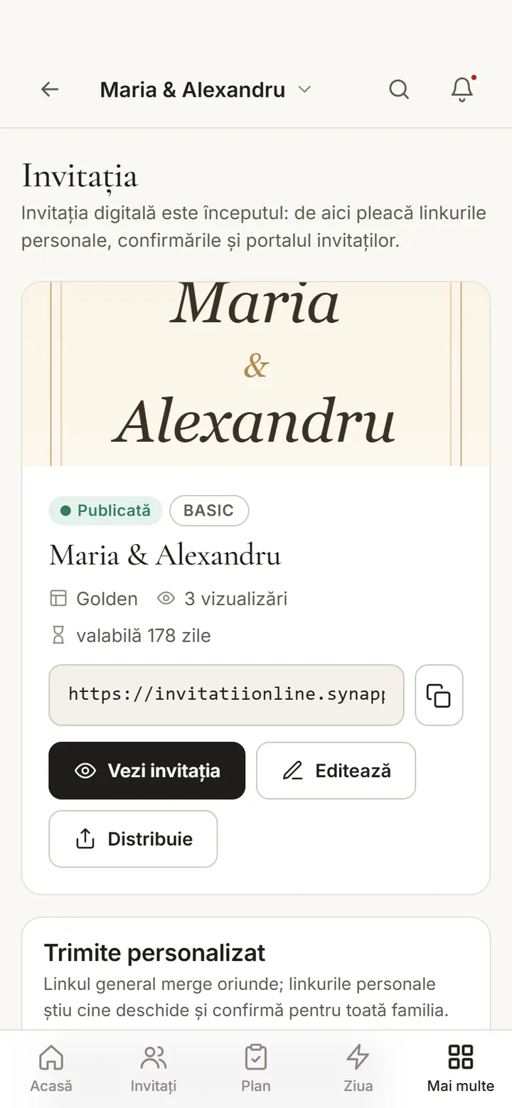 Linkul invitației și distribuirea către invitați