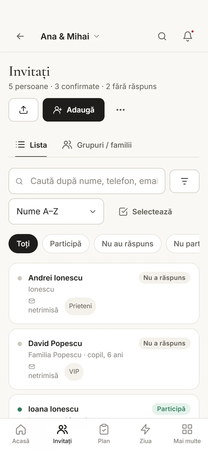 Lista invitaților cu răspunsurile lor